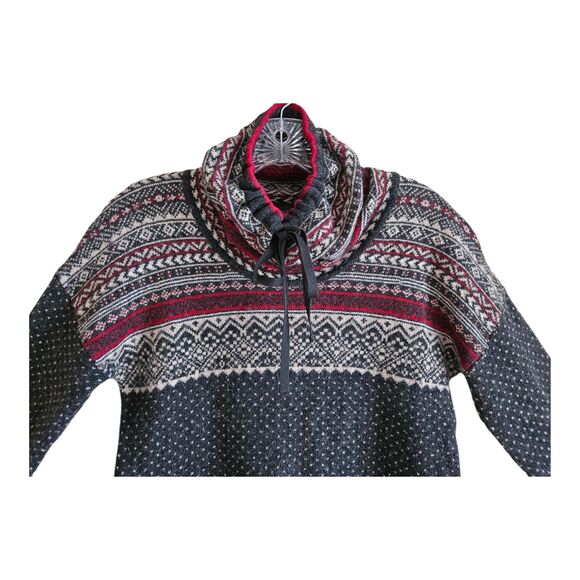 EDDIE BAUER Women's S Sweater Fair Isle Oslo Funnel Neck Gray Red Wool Blend 36" - Picture 2 of 10
